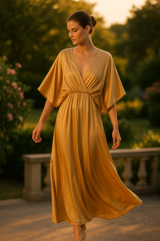 Draperad långklänning med fladdermusärmar färg Kamel