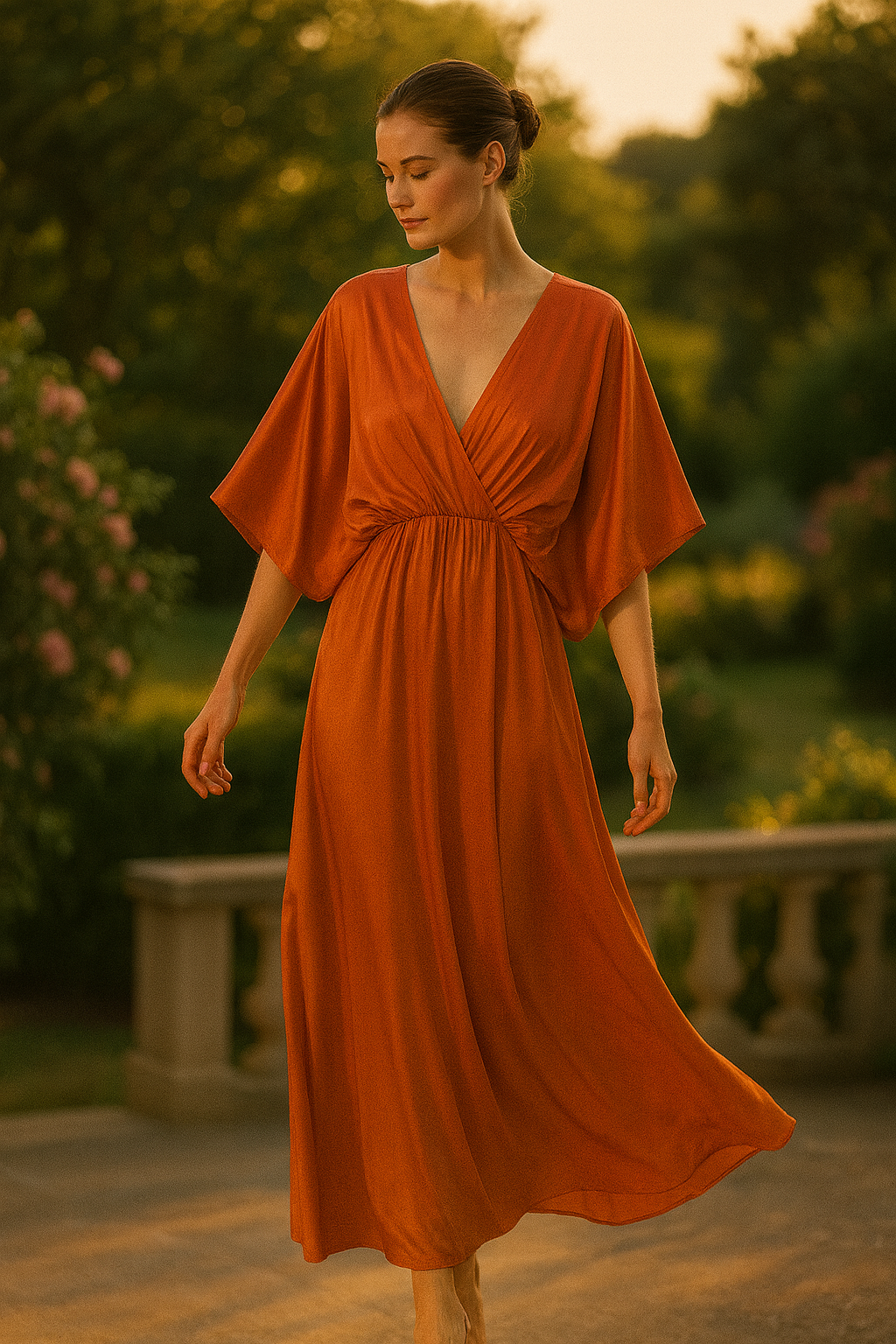 Draperad långklänning med fladdermusärmar färg Rost